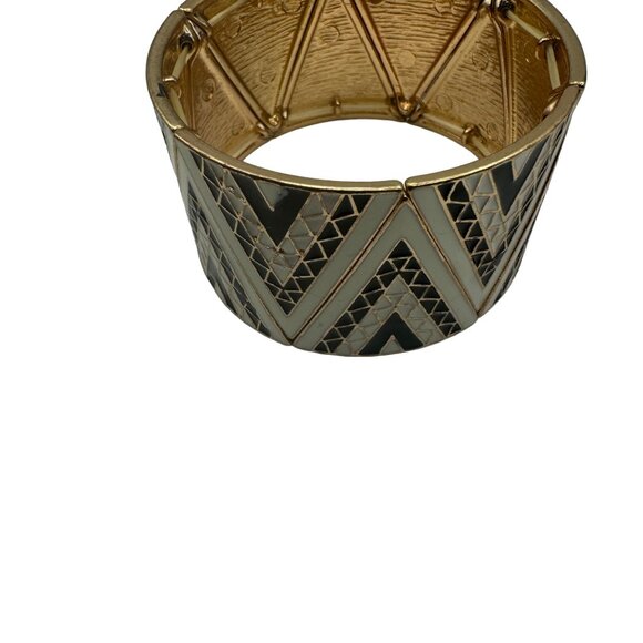 Vintage Gold & Enamel Chevron Pattern Cuff Bracelet Retro Art Deco-Inspired - Picture 4 of 6